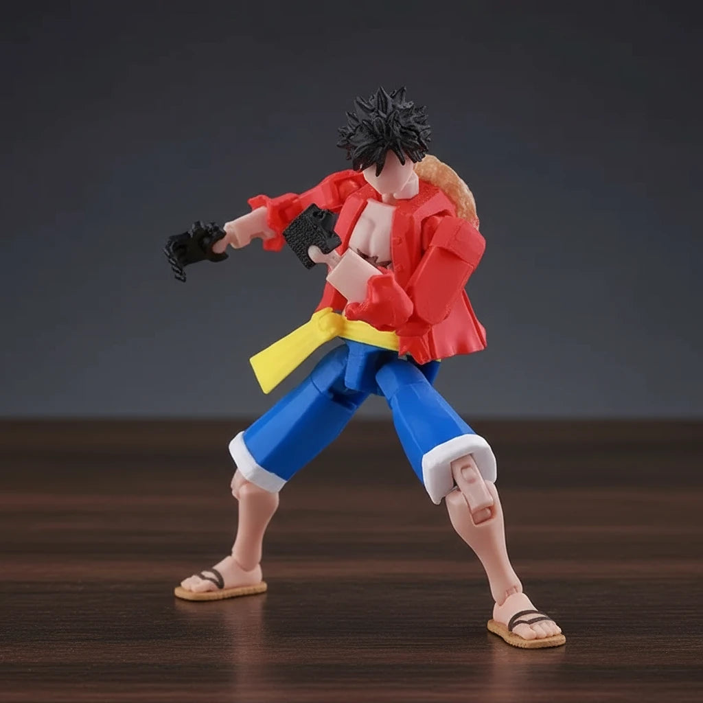 Toy figure of a character in a red jacket and blue pants holding a weapon on a gray background