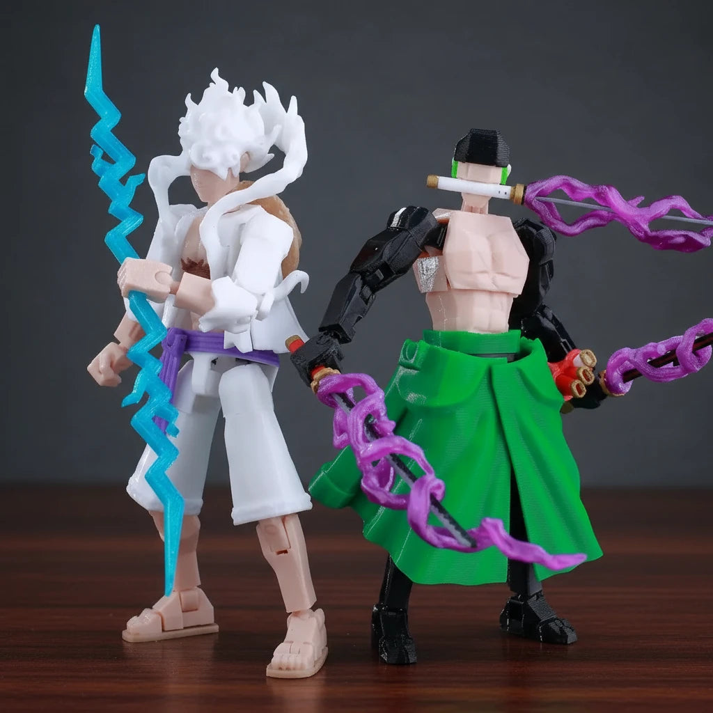 Two action figures with colorful accessories on a textured gray background