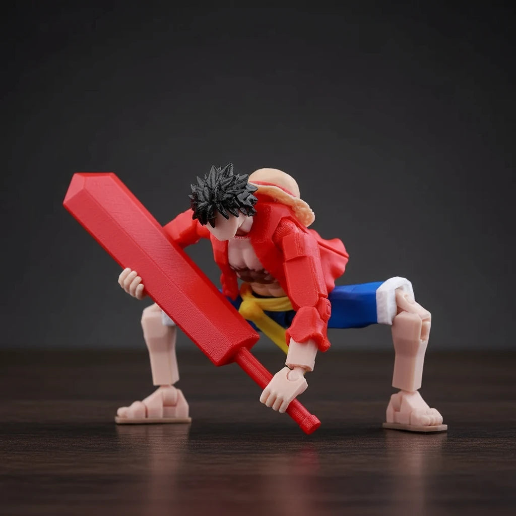 Toy figure of a character with red jacket and yellow hat on a textured gray background