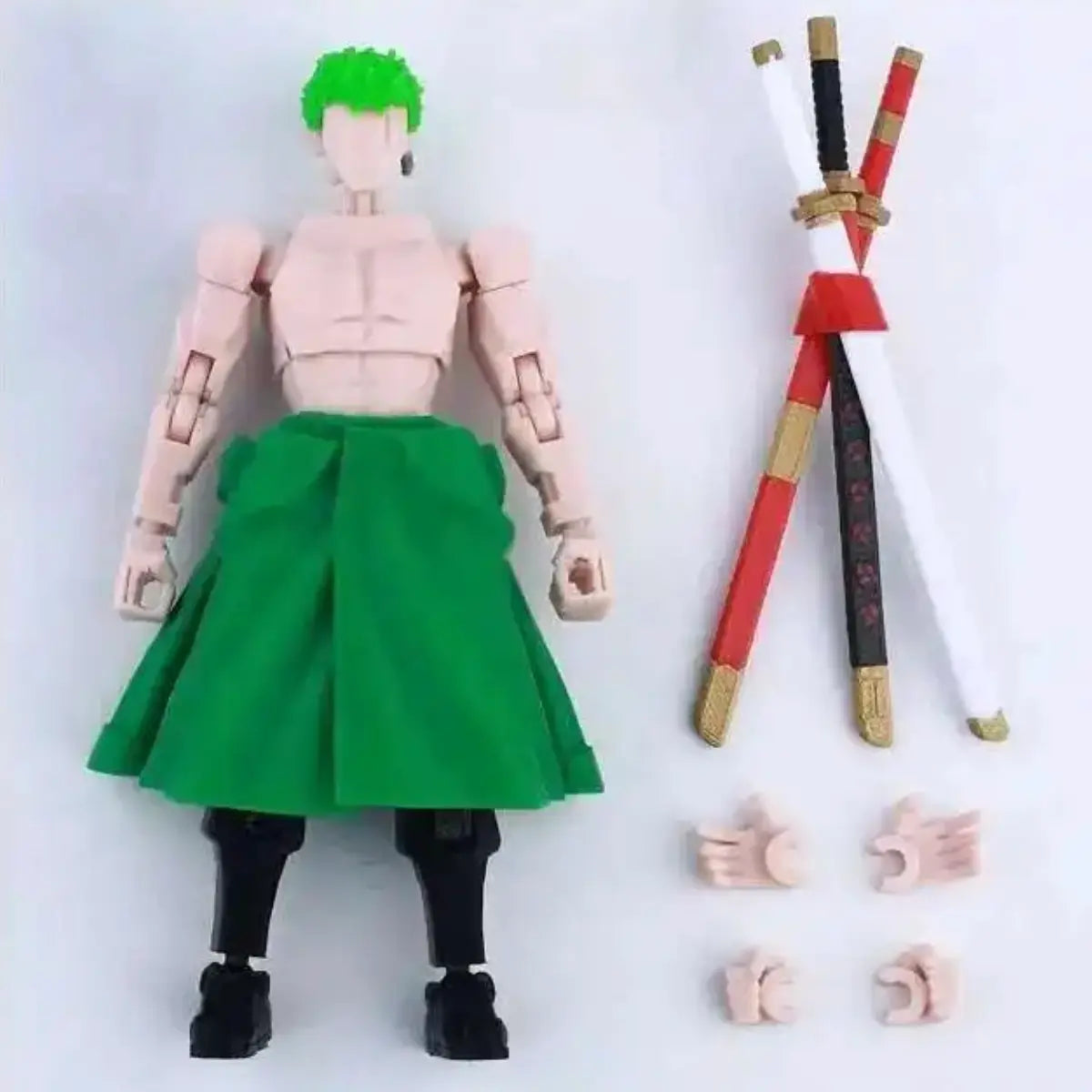 Action figure with green hair and green skirt, accompanied by weapons and additional parts on a white background
