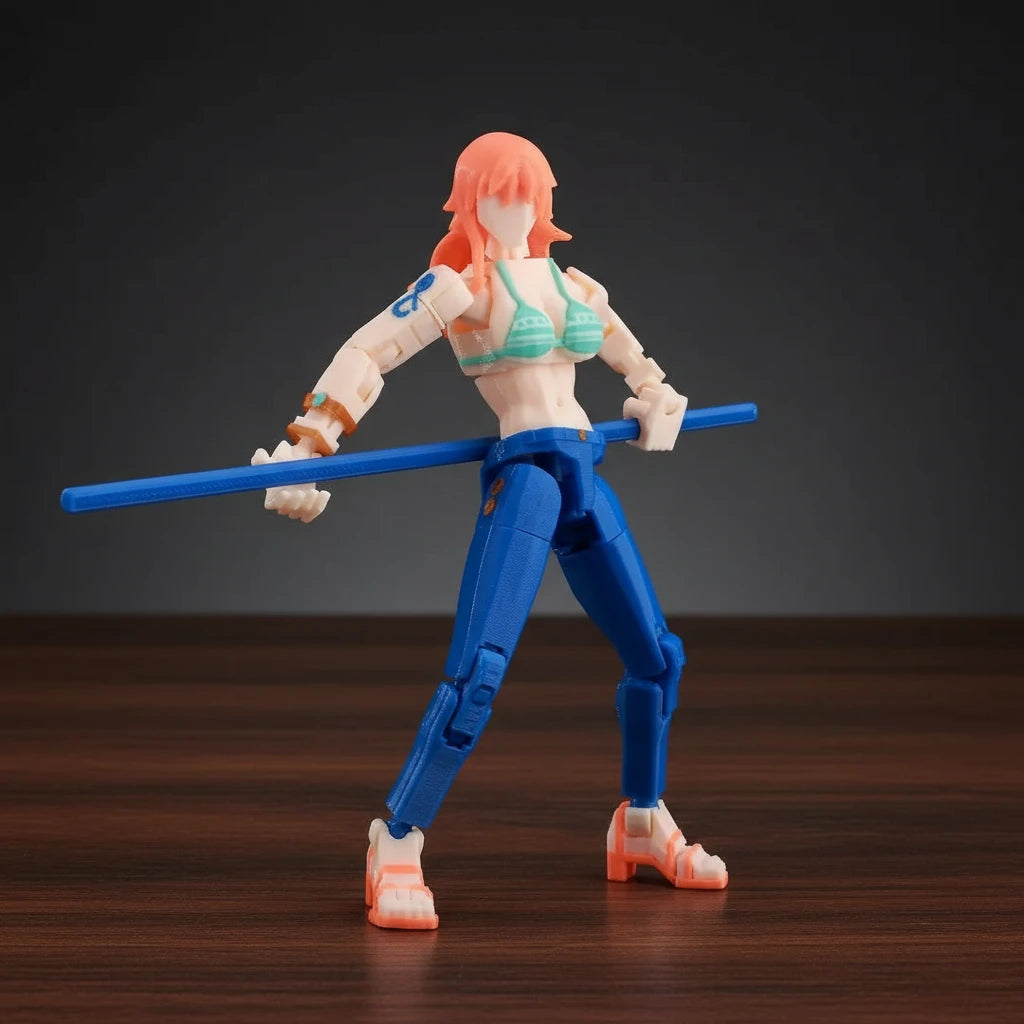 Action figure with blue pants and a blue weapon on a textured gray background