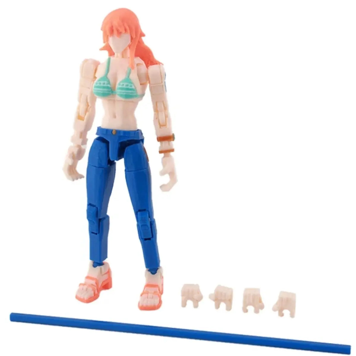 Action figure with blue pants and green bikini top on a white background