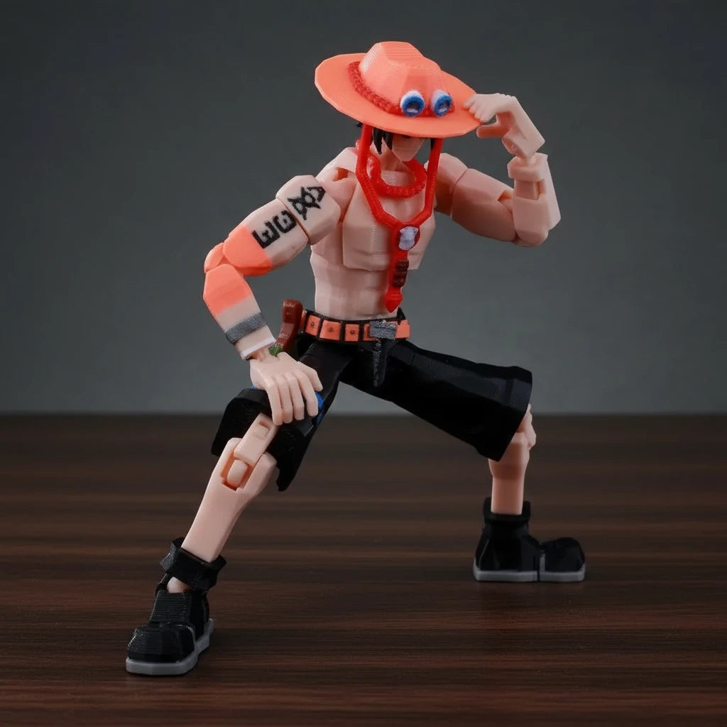 Action figure with a red hat and black outfit on a textured gray background