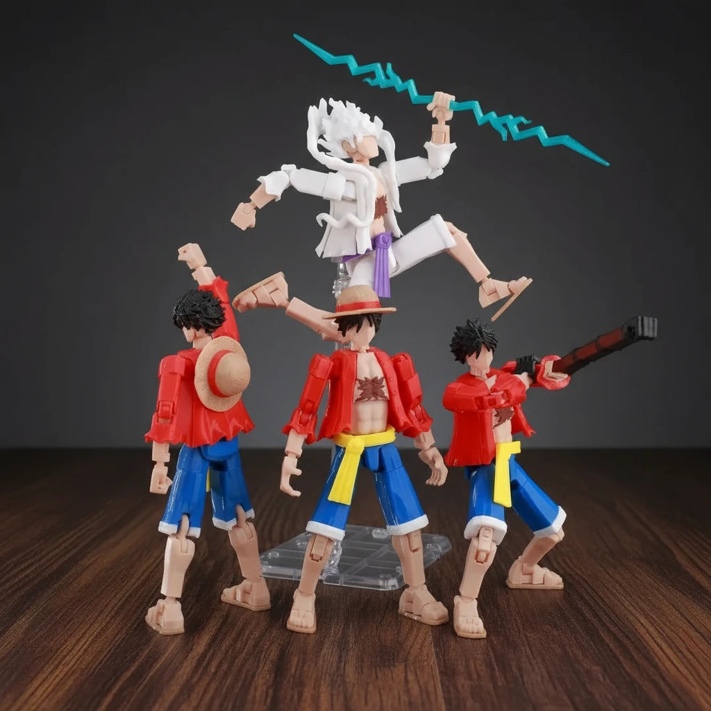 Four action figures on a textured gray background