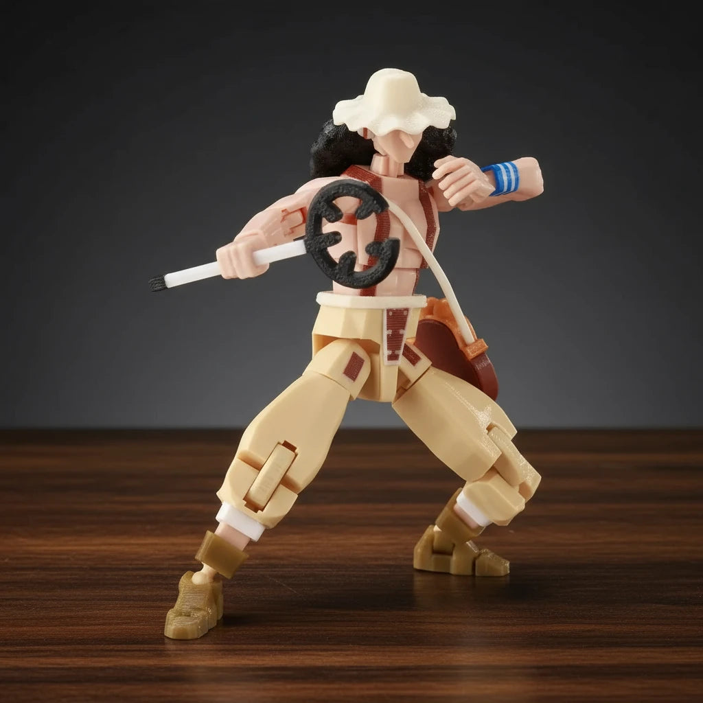 Action figure in a dynamic pose with a weapon on a gray background