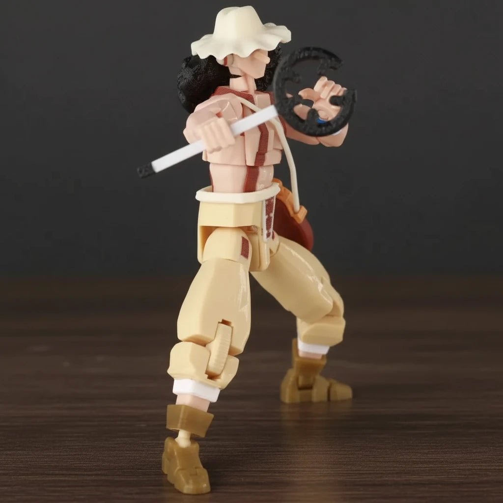 Action figure with a white hat and brown outfit against a gray background