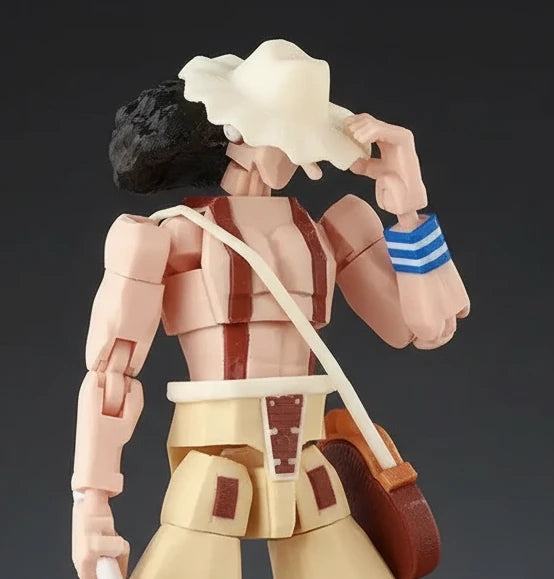 Action figure with a strap over its shoulder against a gray background