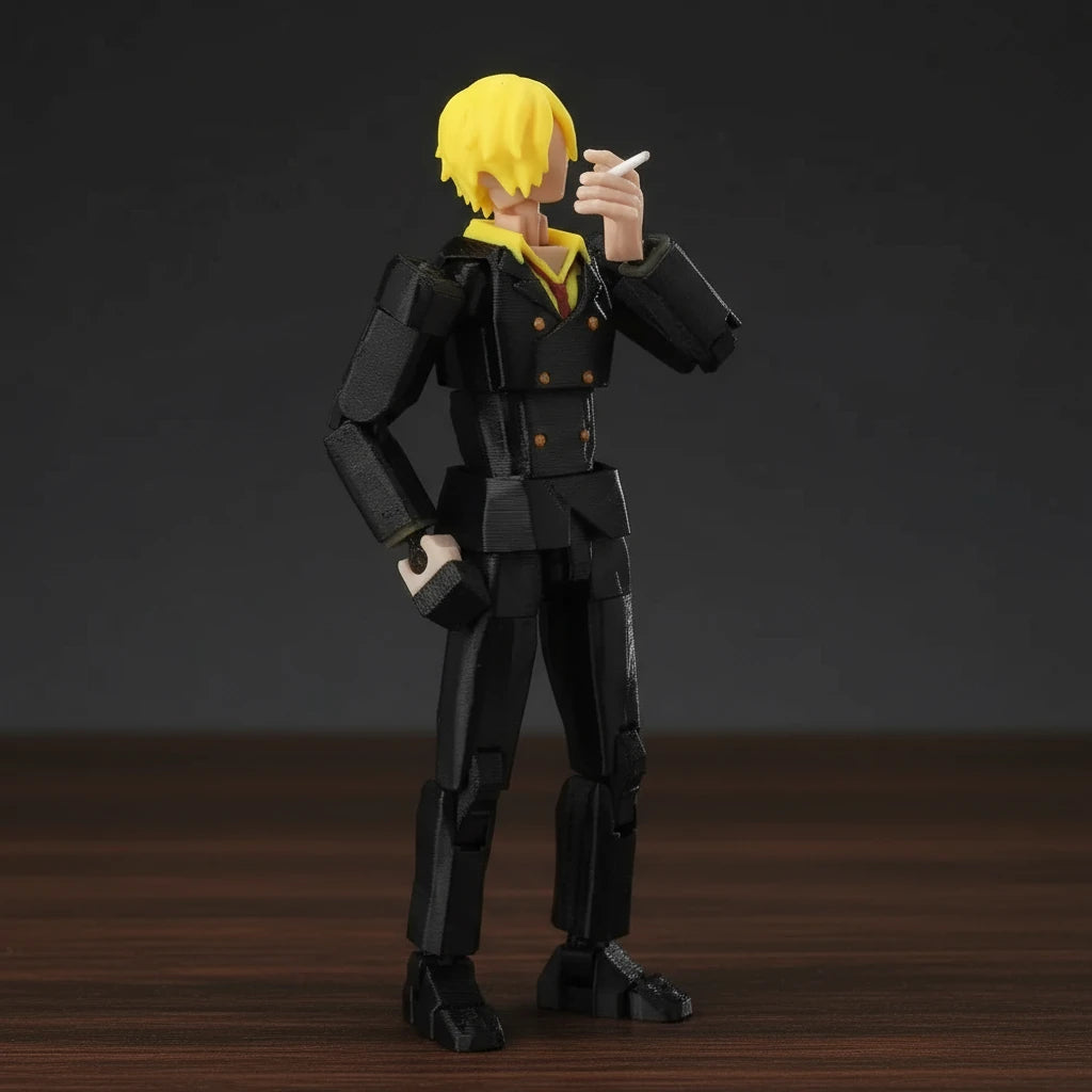 Action figure with yellow hair and black outfit on a textured gray background