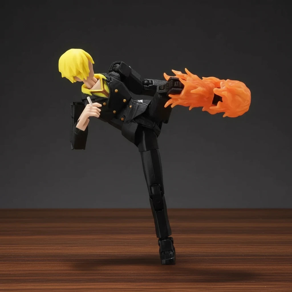 Toy figure with a flame-throwing weapon on a gray background