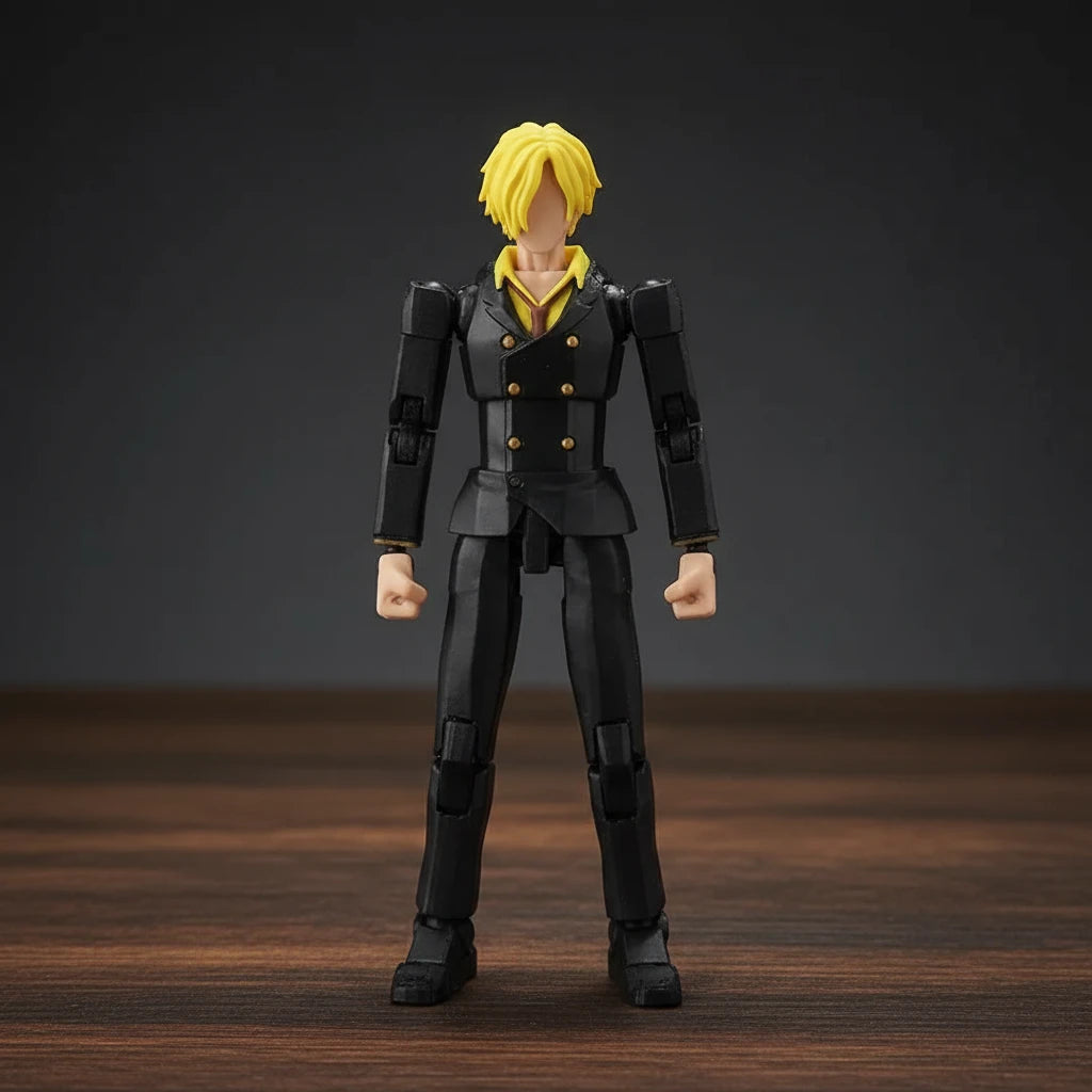 Action figure in a black suit with yellow hair against a gray background