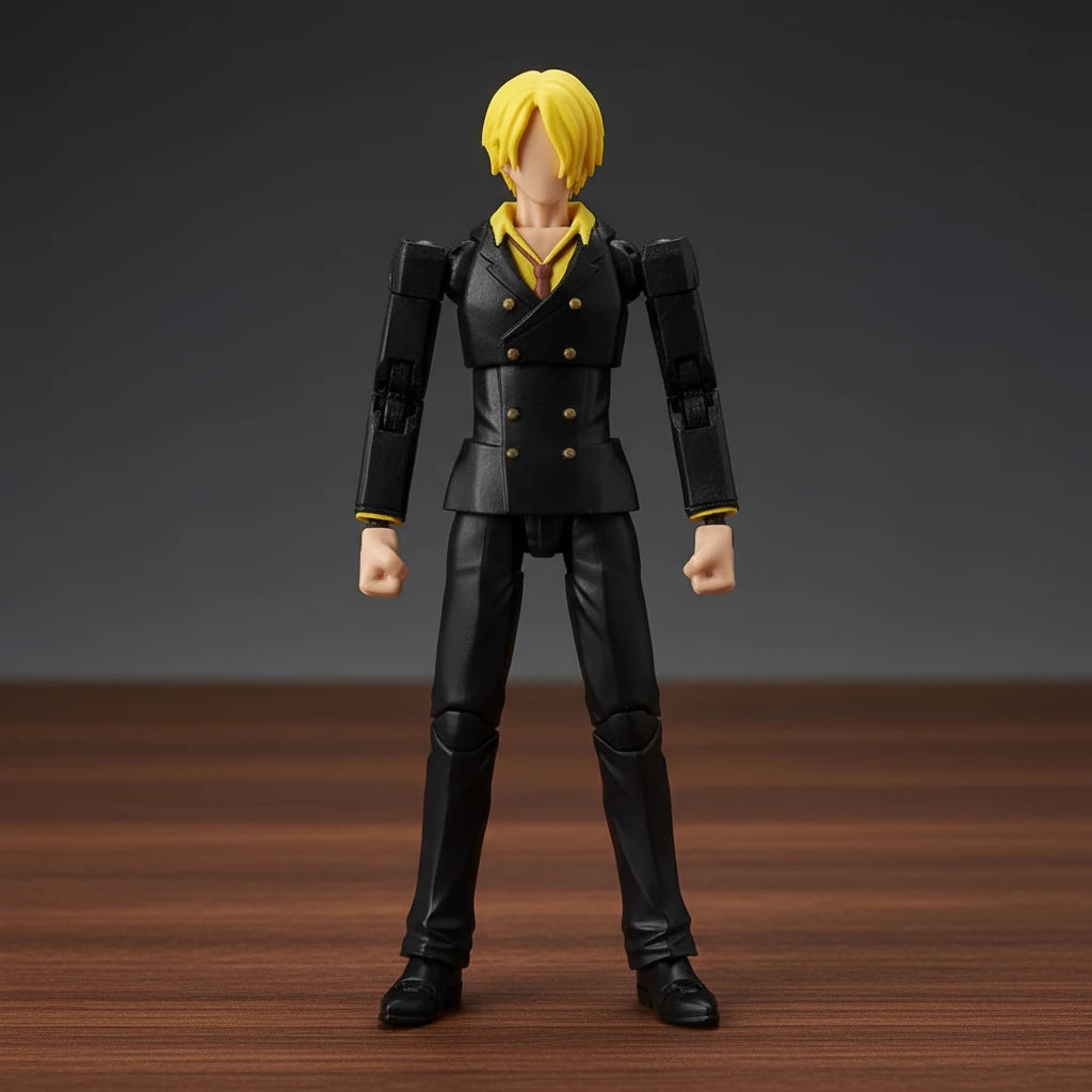 Action figure with yellow hair and black outfit on a textured gray background