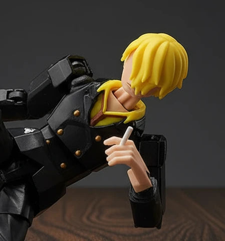 Toy figure with a black mechanical arm on a gray background