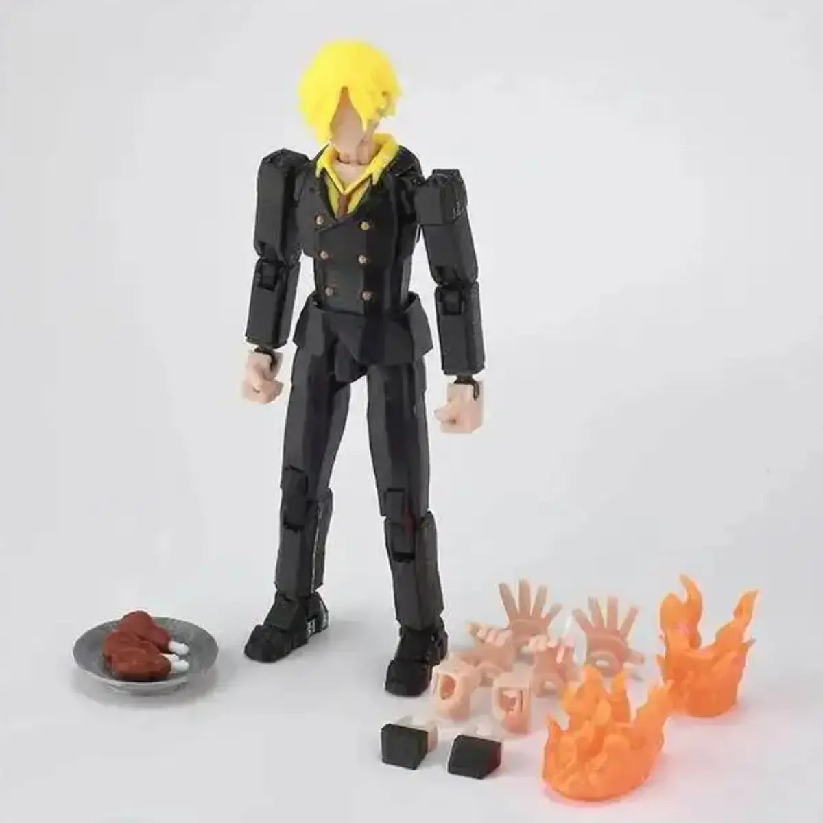 Action figure with yellow hair and black outfit surrounded by small orange objects on a white background
