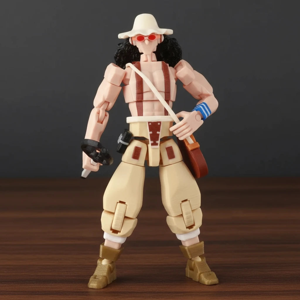 Action figure in a desert-themed outfit with a hat and sunglasses on a textured gray background
