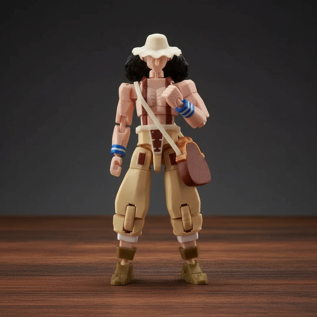 Action figure with a hat and bag on a textured gray background