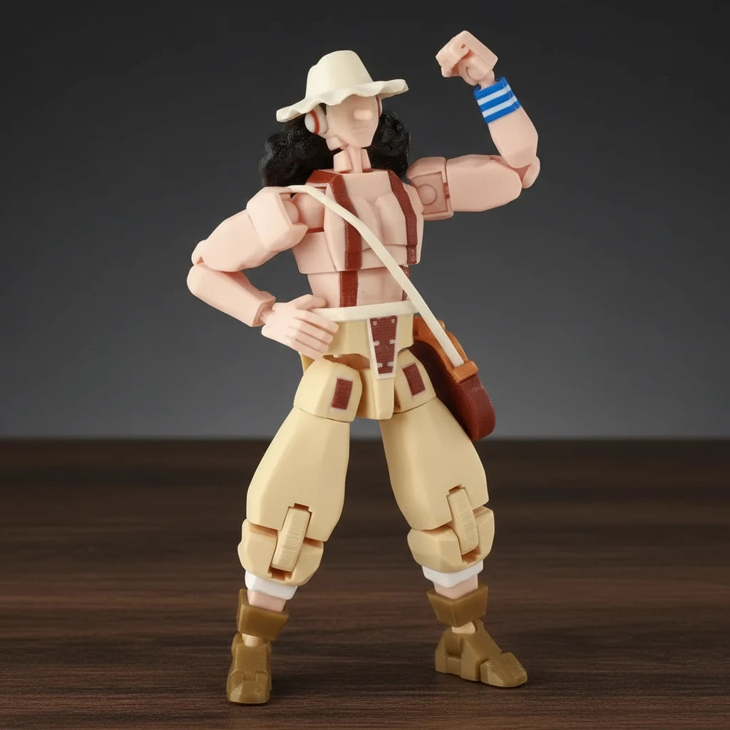 Action figure in a desert-themed outfit with a hat and boots on a gray background
