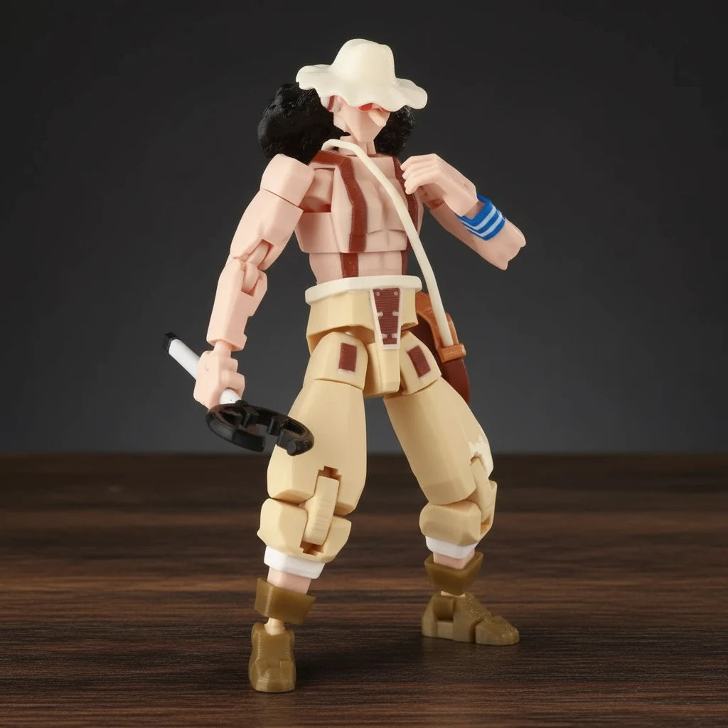 Action figure in a desert-themed outfit with a hat and boots on a gray background