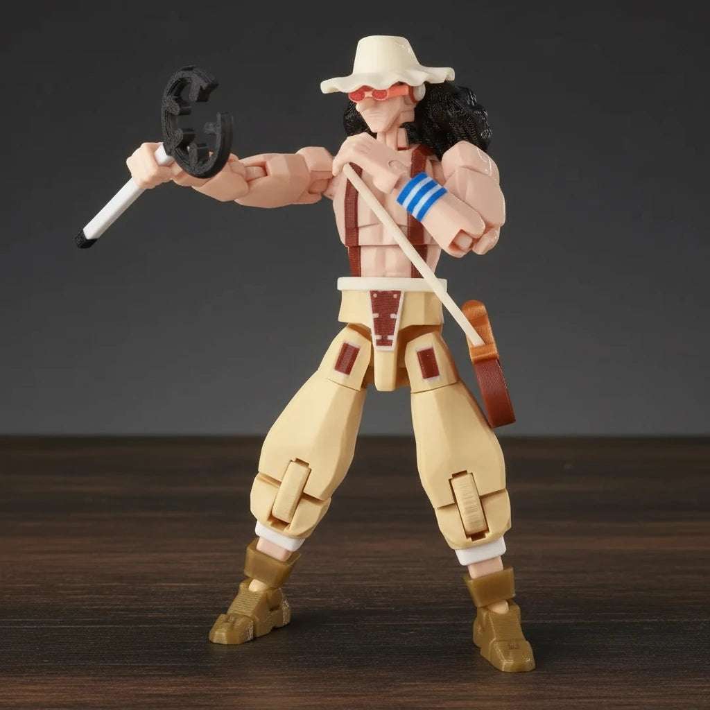 Action figure in a desert-themed outfit with a hat and weapons on a textured gray background