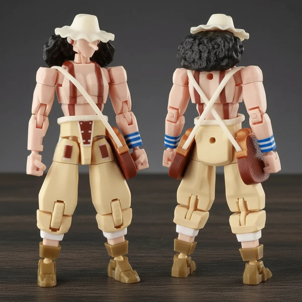 Two action figures with similar poses on a gray background
