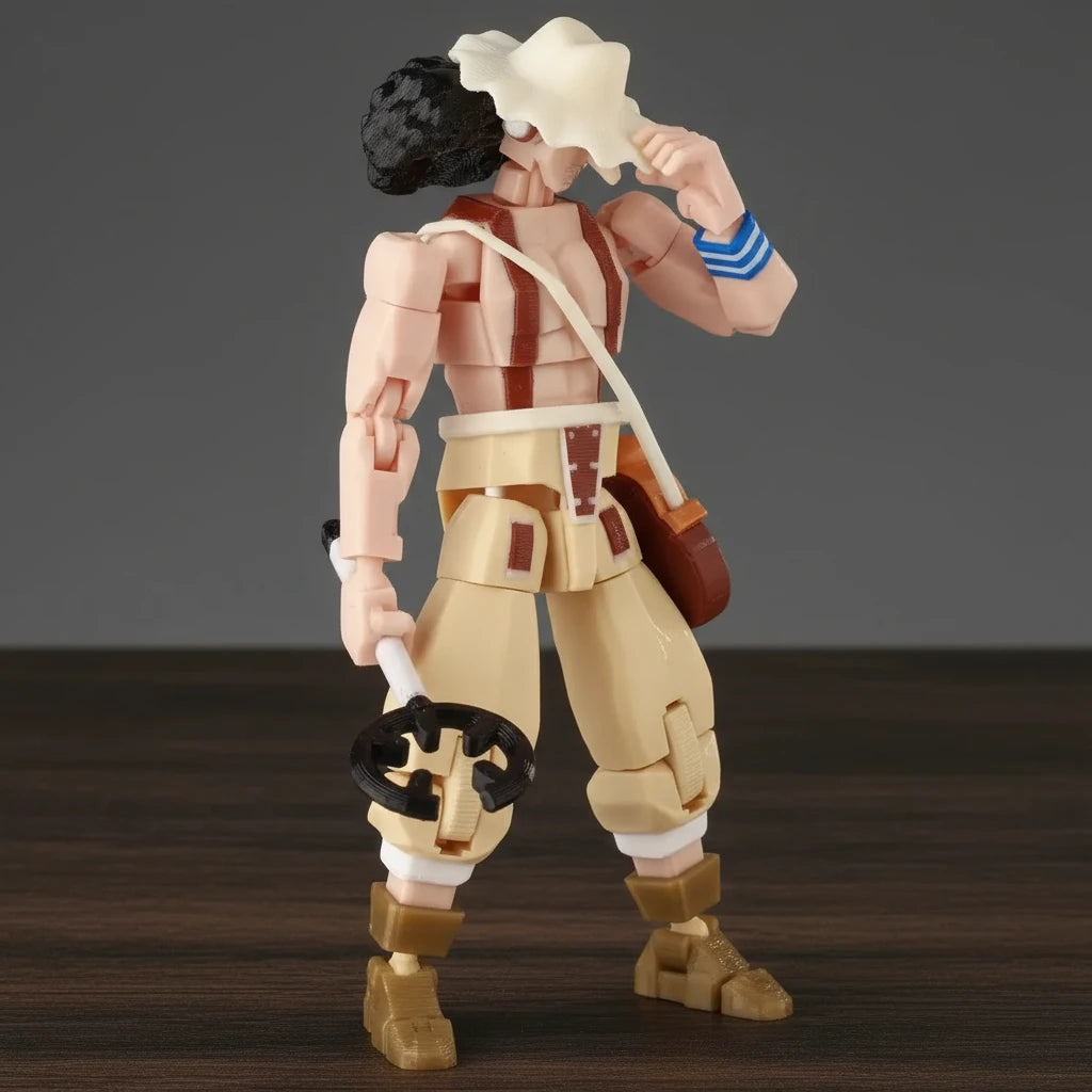 Action figure with beige outfit and accessories on a gray background