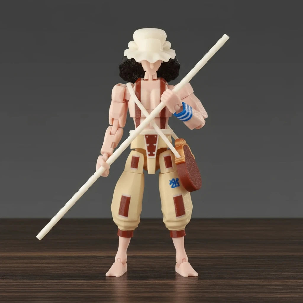 Toy figure with a backpack and blue striped glove on a gray background