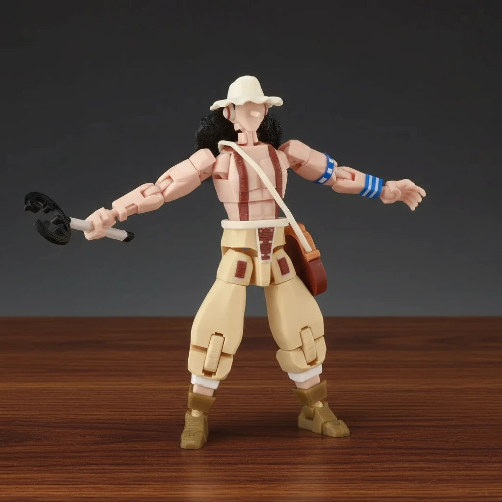 Action figure with a hat and weapon on a textured gray background