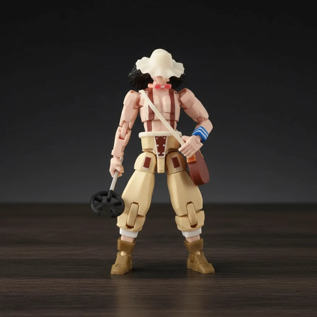 Action figure with a backpack and tool on a textured gray background