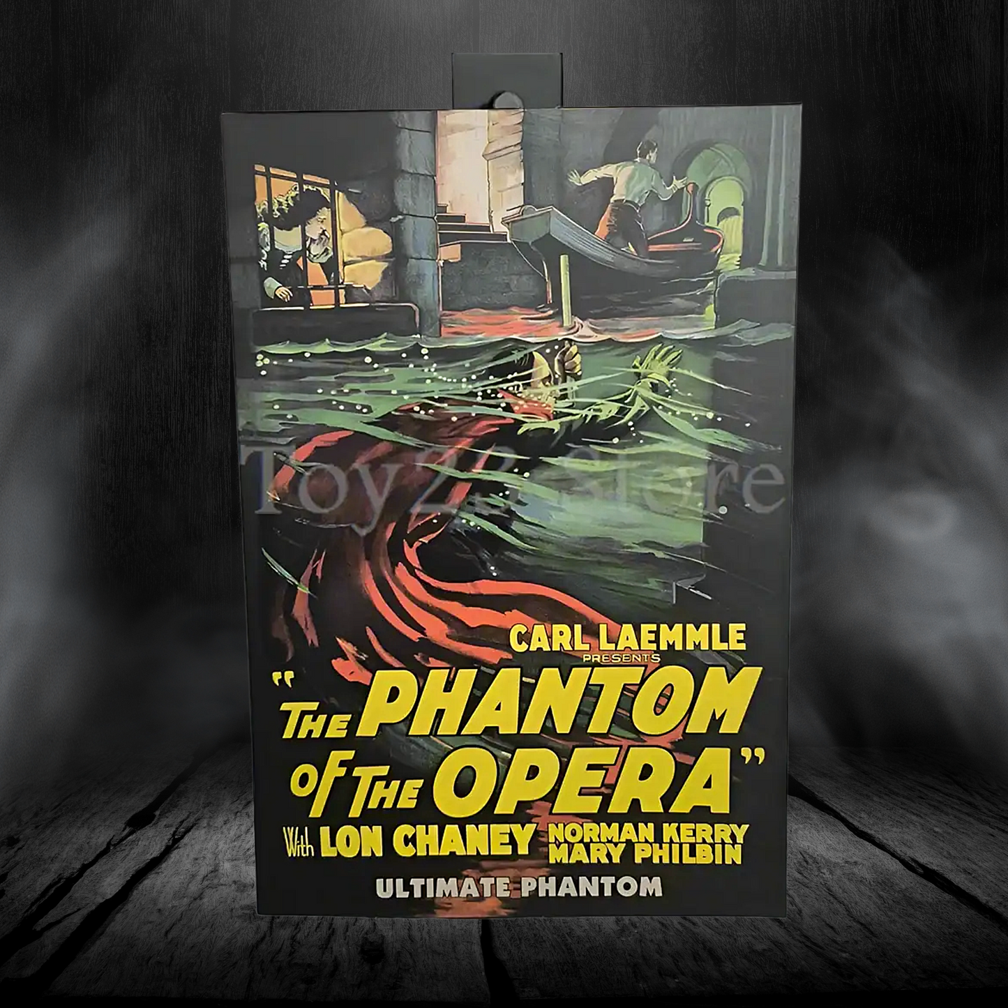 Vintage-style poster for 'The Phantom of the Opera' with dramatic lighting and dark background.