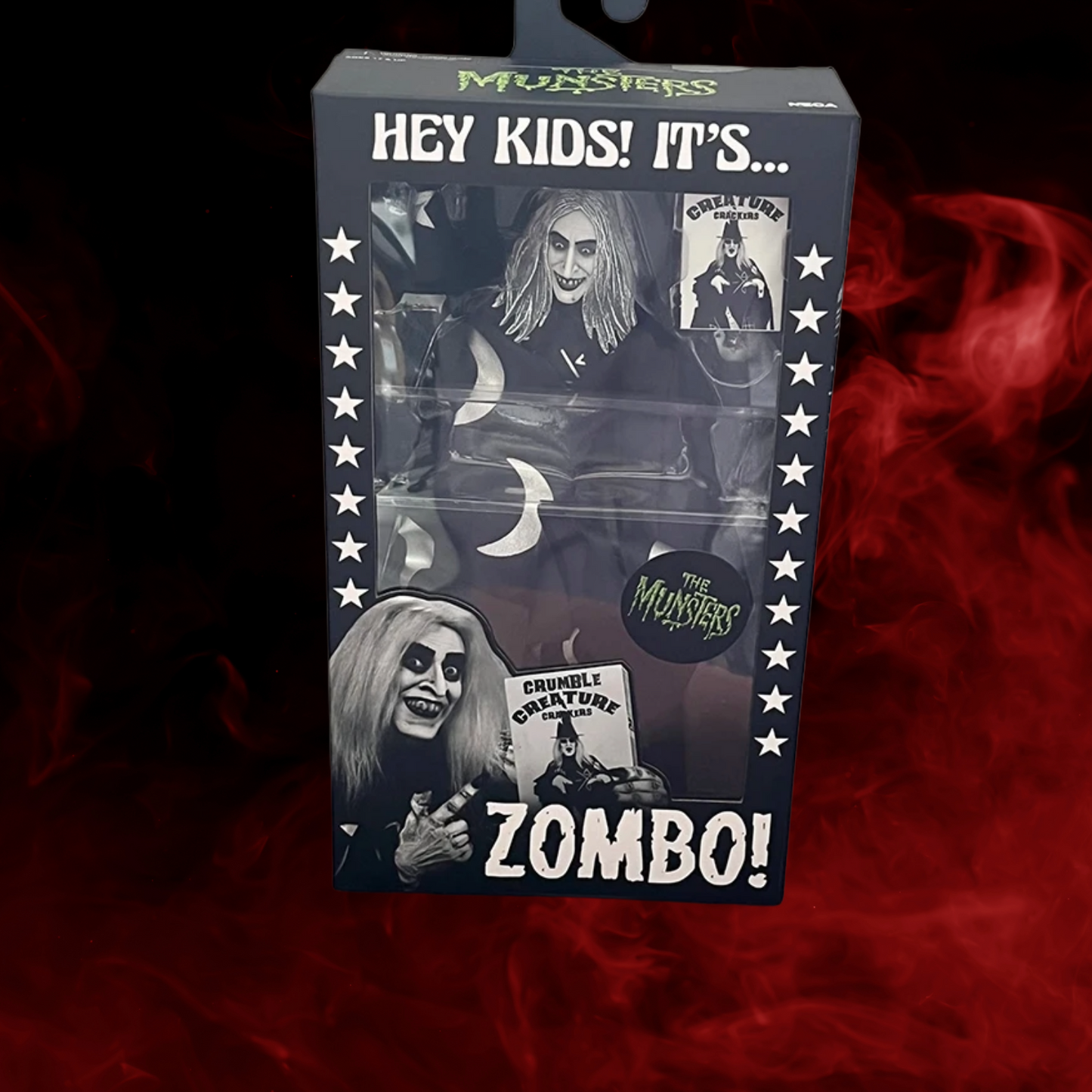 Product packaging for 'The Munsters' character Zombo on a dark background with red smoke effect.