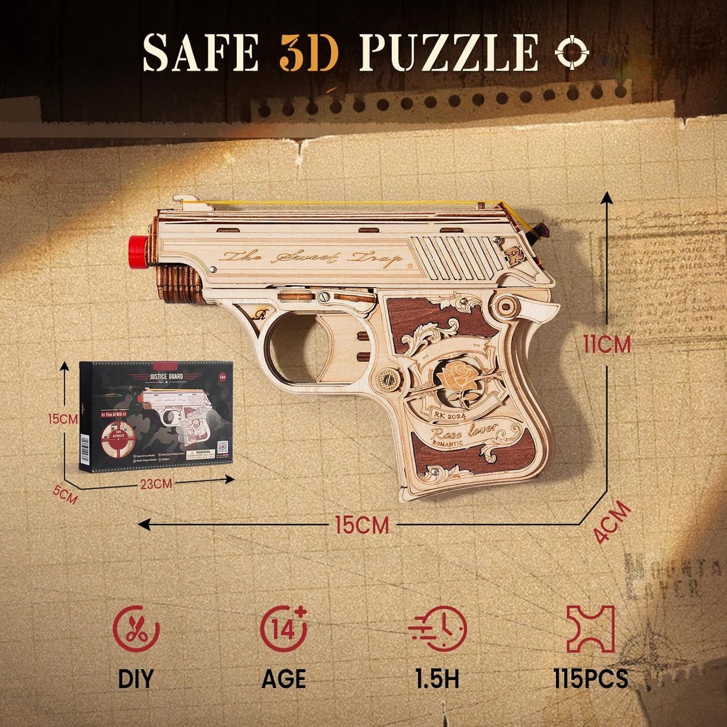 Robotime | ROKR | Justice Guard | Wooden Hand Gun | Hobby Kits & DIY Collectibles | 3D Assemble Kits