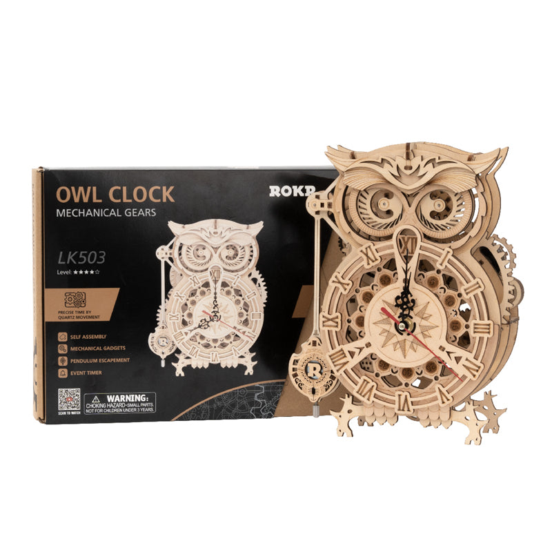 Robotime | ROKR | Wooden Owl Clock | Hobby Kits & DIY Collectibles | 3D Assemble Kits