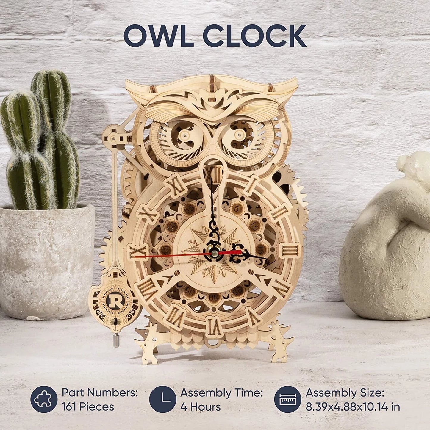 Robotime | ROKR | Wooden Owl Clock | Hobby Kits & DIY Collectibles | 3D Assemble Kits