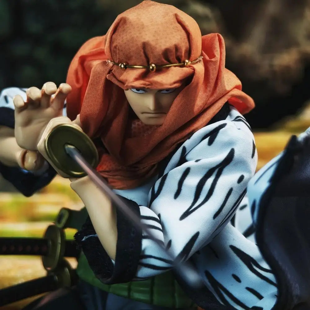 Animated character with a red headscarf and white outfit with black patterns, holding a weapon.