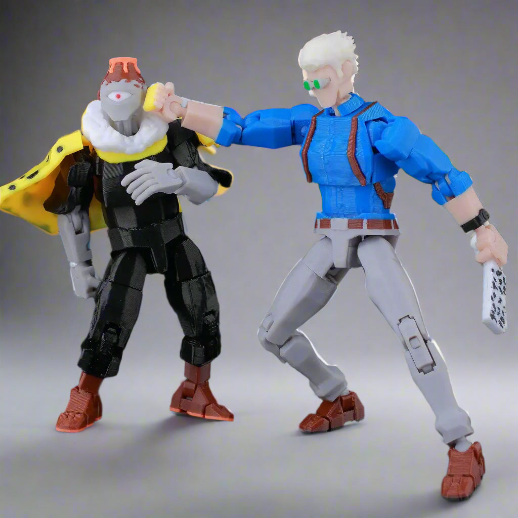 Two action figures in a dynamic pose on a grey background