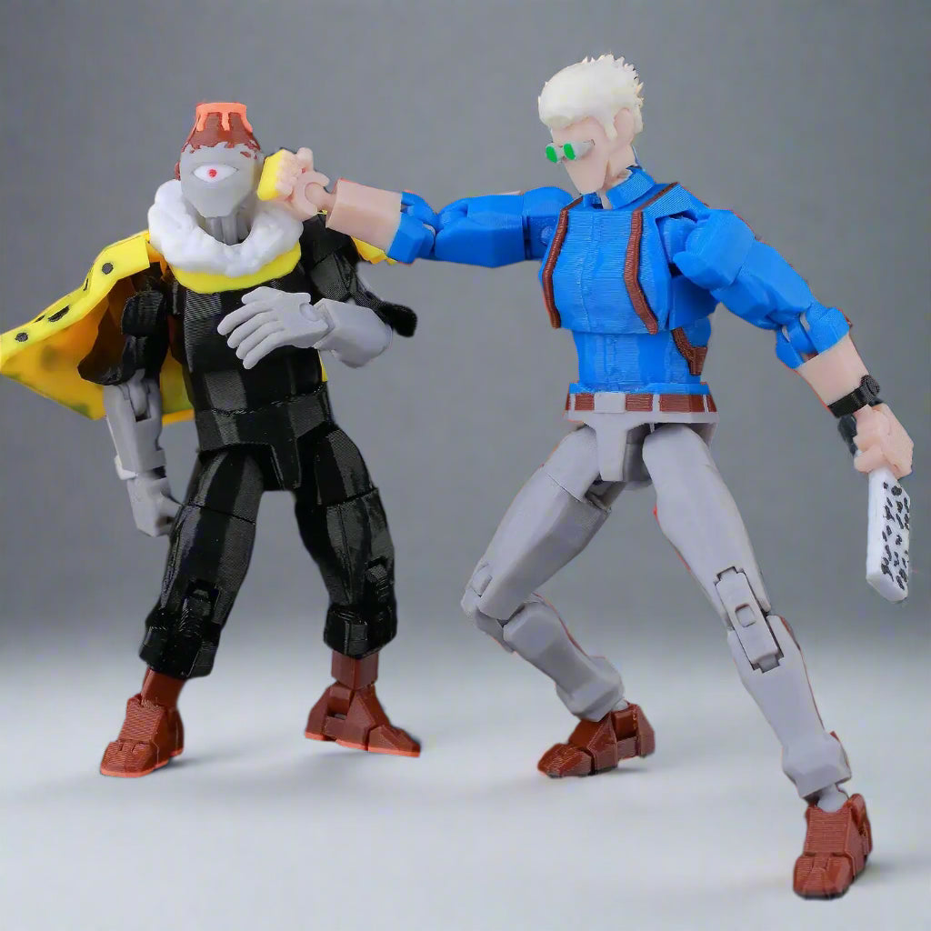 Two action figures in a dynamic pose on a black background