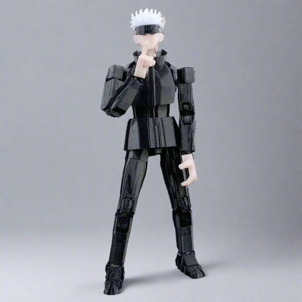 Black and white action figure on a gray background