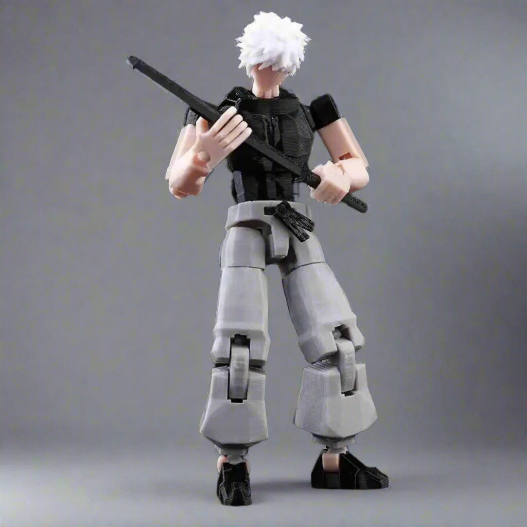 Action figure with a gray suit and white hair holding a weapon on a gray background