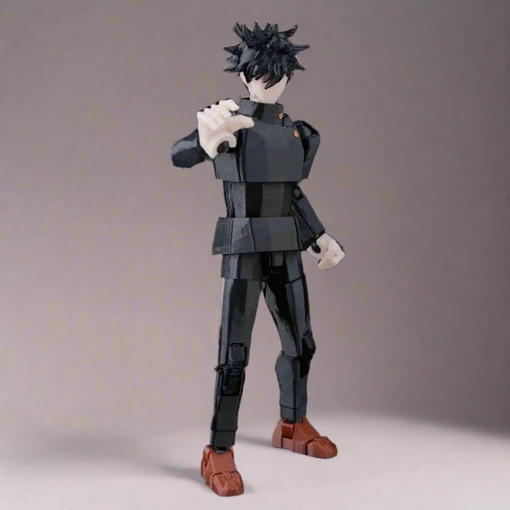 Action figure with a dark outfit and white gloves on a gray background