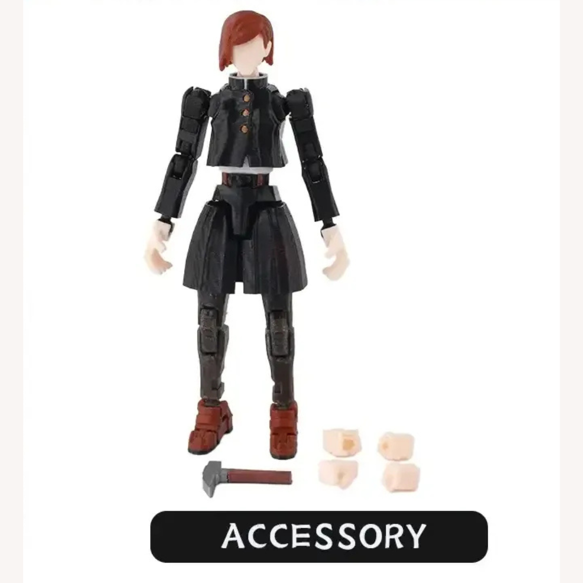 Action figure with black outfit and red hair, including accessories on a white background