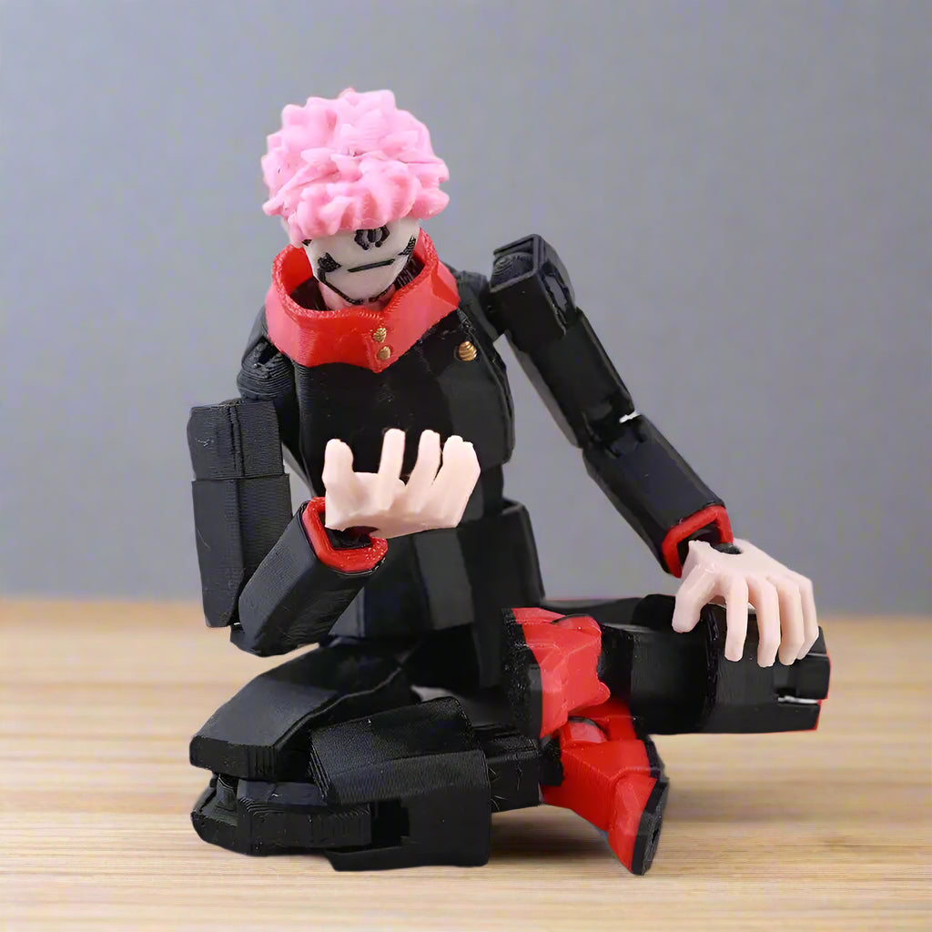 Action figure with pink hair and black and red outfit on a grid background