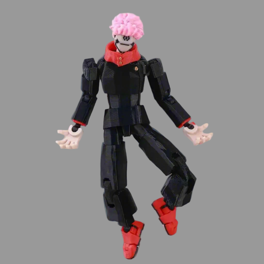 Action figure with black suit, red accents, and pink hair on a white background