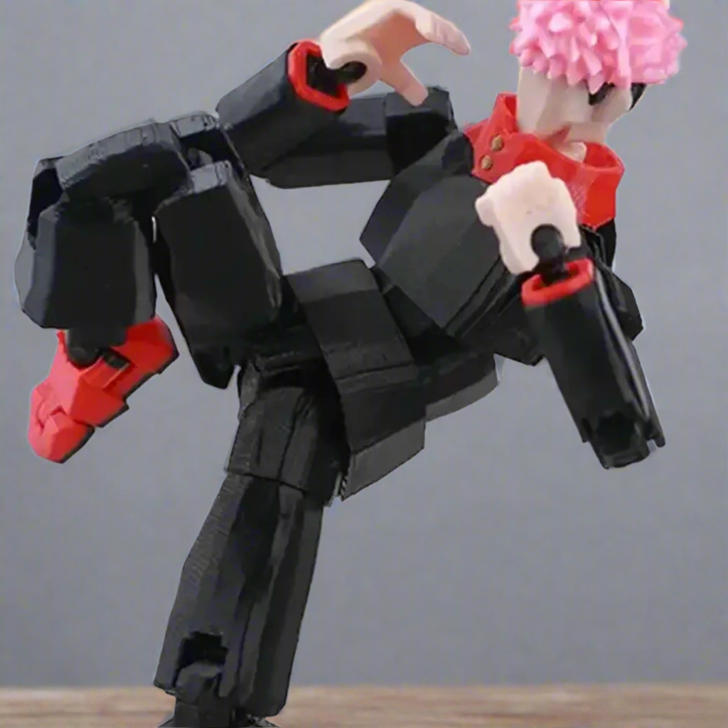 Toy figure with black and red design on a white background