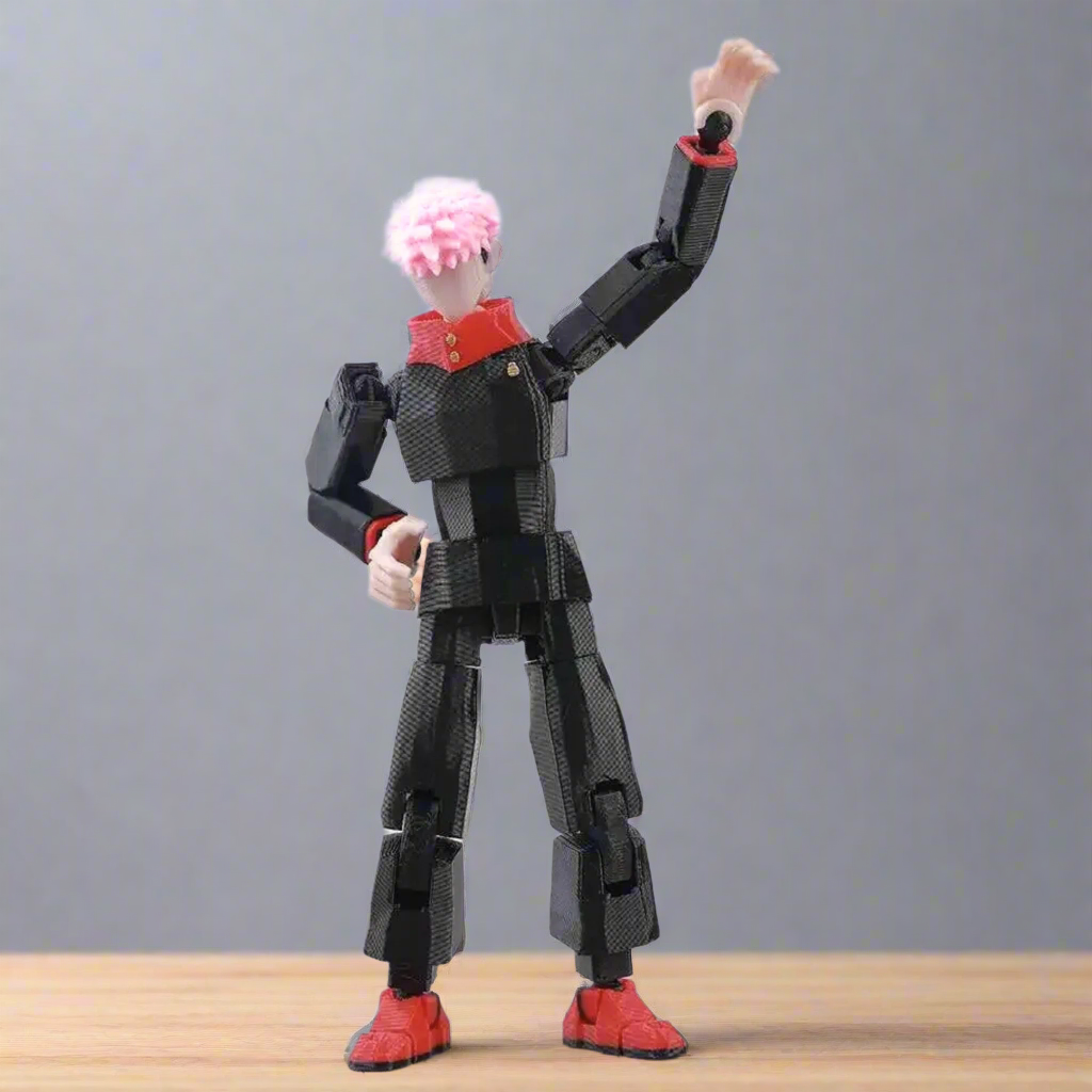 Black and red robot-like figure with pink hair on a white background