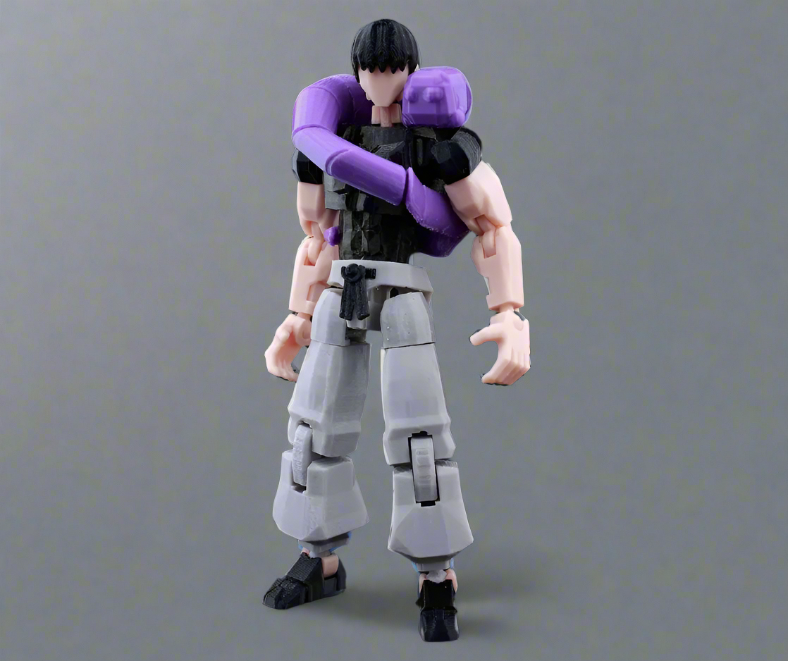 Action figure with purple and gray armor on a gray background
