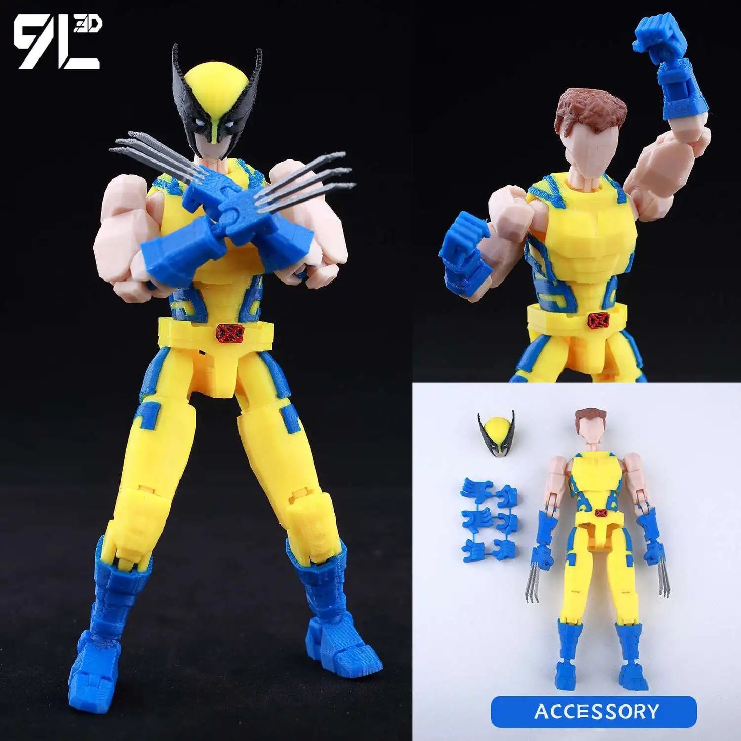 Action figure with yellow and blue costume, claws, and accessories on a black background.