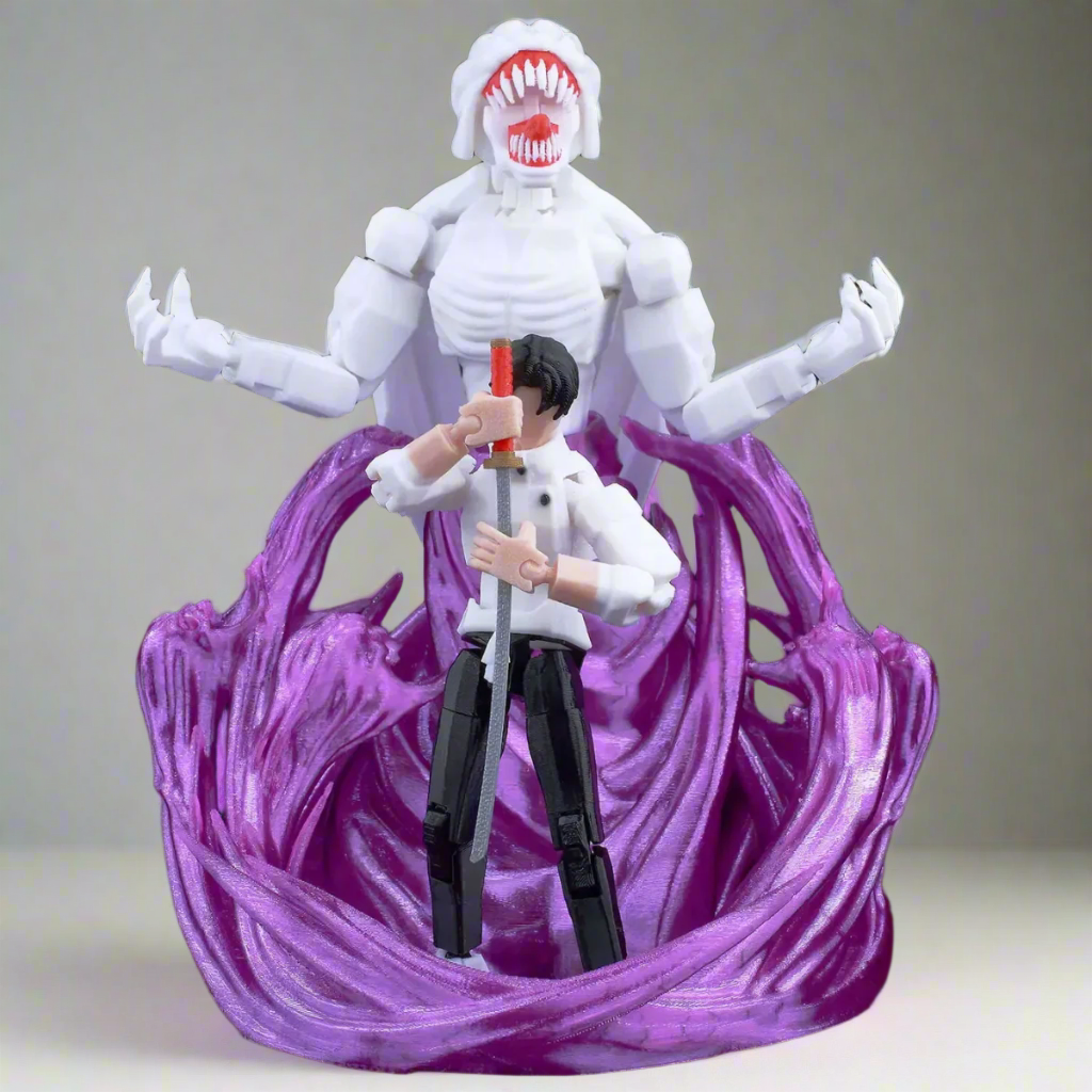 Two action figures on a purple and black background