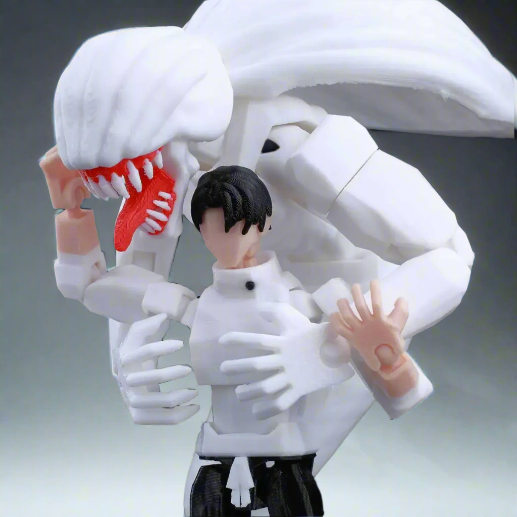 Action figure of a character with a large white creature with red fangs on a gray background