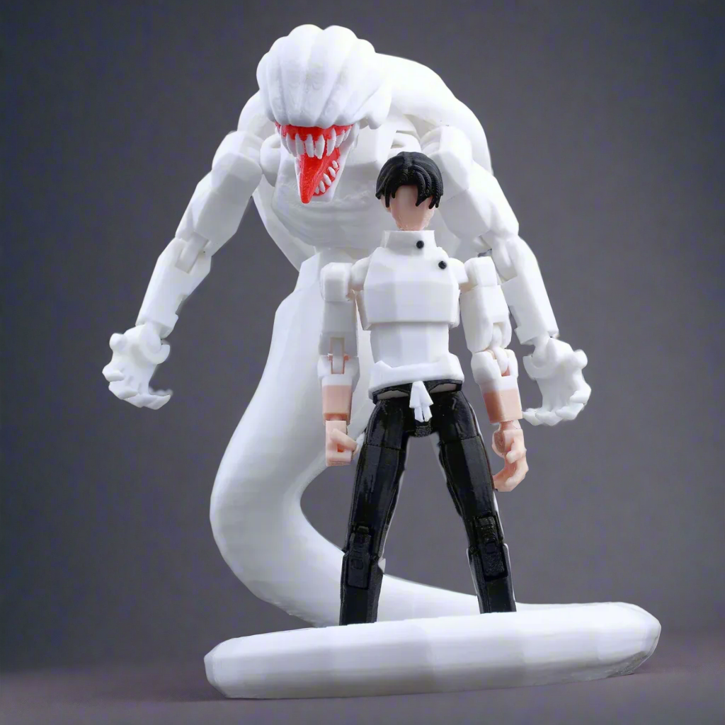 Action figure of a character with a large white snake-like creature on a black background