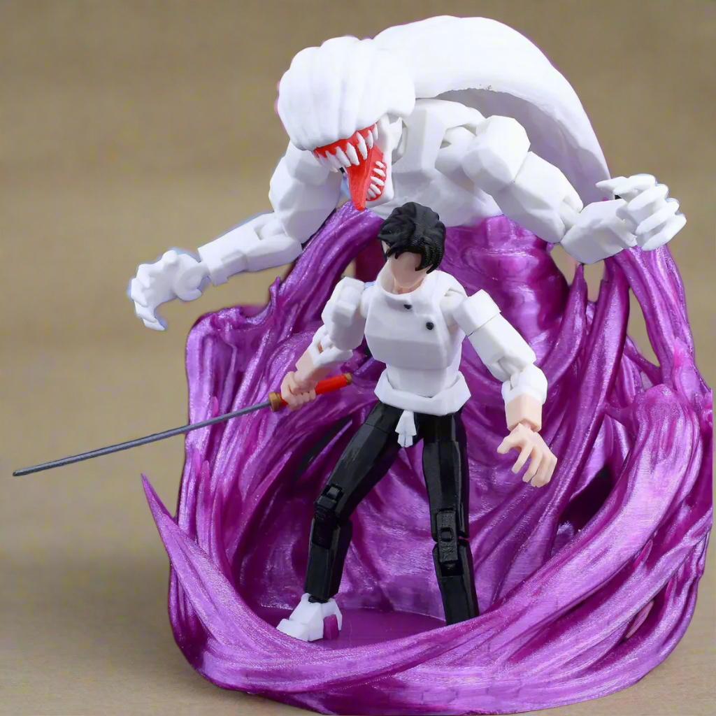 Action figure with a white creature-like character on a purple and white background