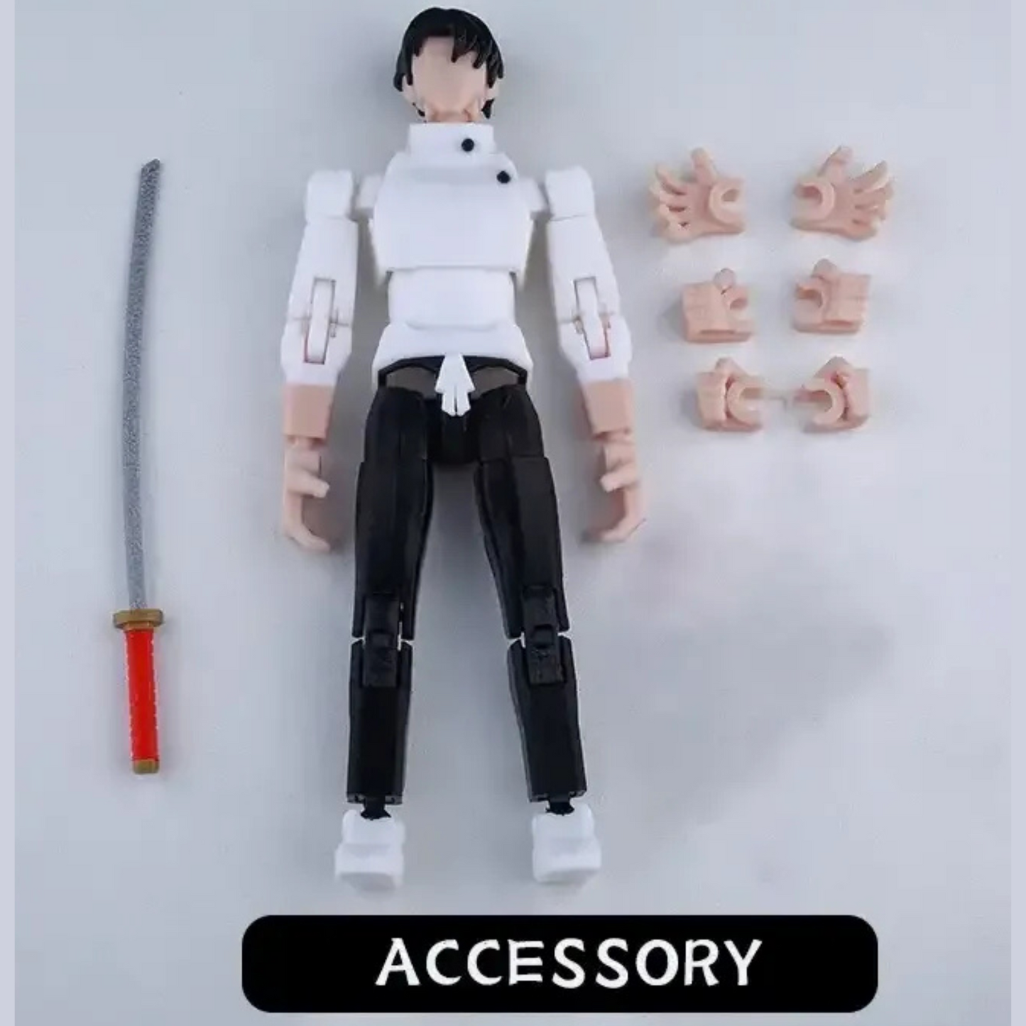 Action figure with black hair, white shirt, black pants, and a sword on a light gray background.